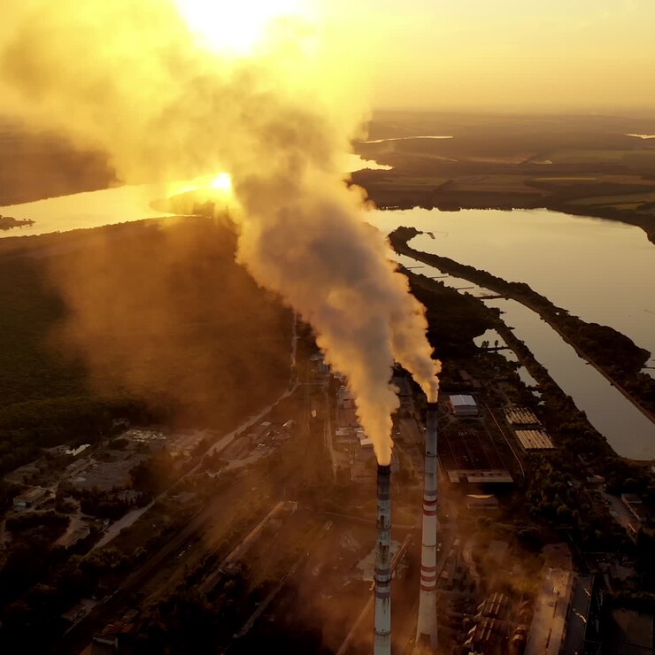 Industrial plant near the river. Metallurgical factory with large pipes. Dirty emissions coming out of pipes into the air at sunset. Aerial view.