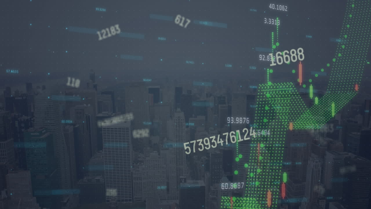 都市風景上の金融データ処理のアニメーション