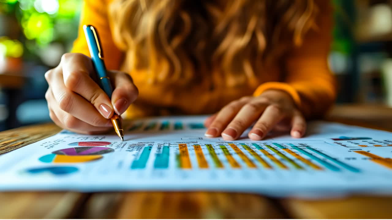 Writing on reports in a cozy office. A person writes on a report with colorful graphs in a lively office setting filled with natural light