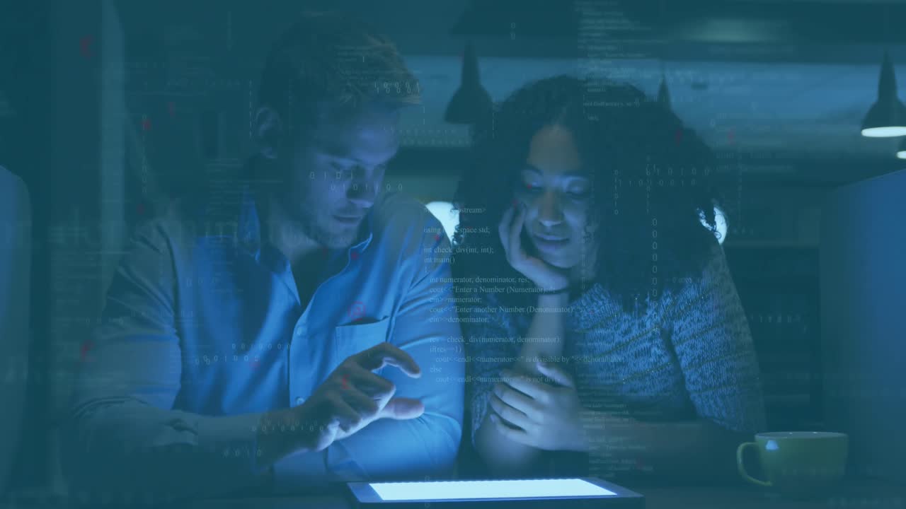 Animation of data processing over diverse business people using tablet in office