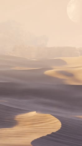 vertical shot of flying over the sand dunes of an alien desert planet with a large moon in the sky