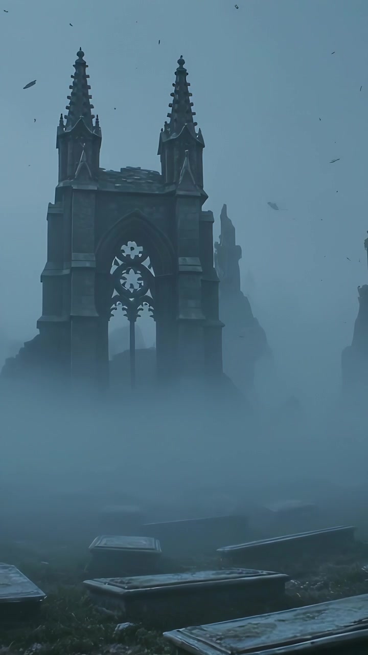 Video verticale: Nebbia e vento che si spostano rivelano un arco gotico in rovina in un cimitero, con bare muschiose.