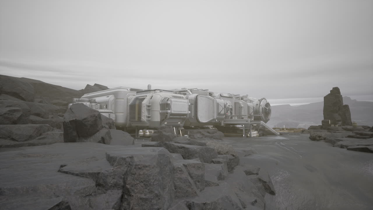 미래의 우주선이 외계 행성에 도착합니다.