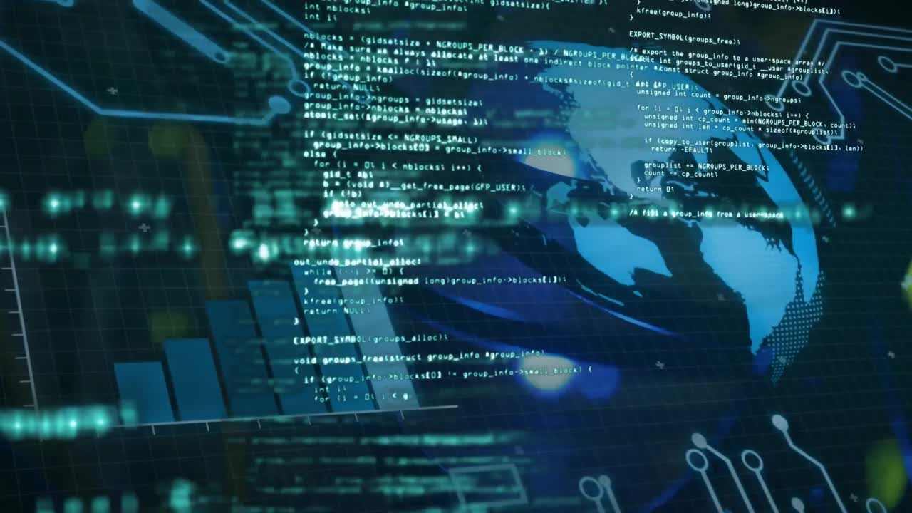 Animation of data processing and globe over blue background