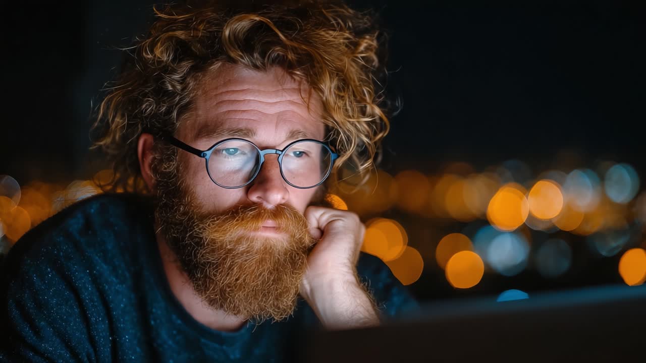 Un uomo concentrato con capelli ricci e occhiali fissa intensamente il suo portatile, immerso nei pensieri, con uno skyline sfocato illuminato dalle luci serali sullo sfondo