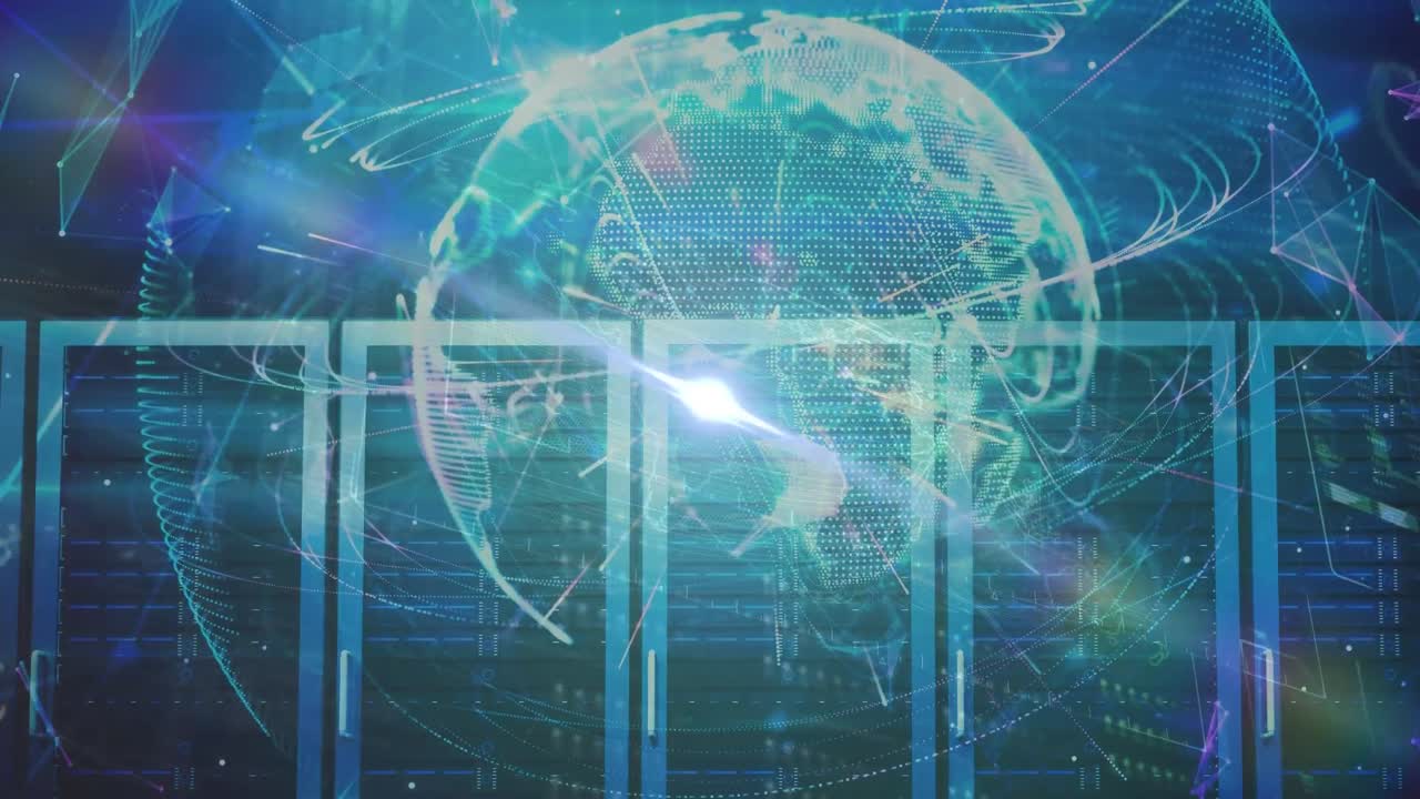 서버 방 위의 지구와 빛의 반점의 애니메이션