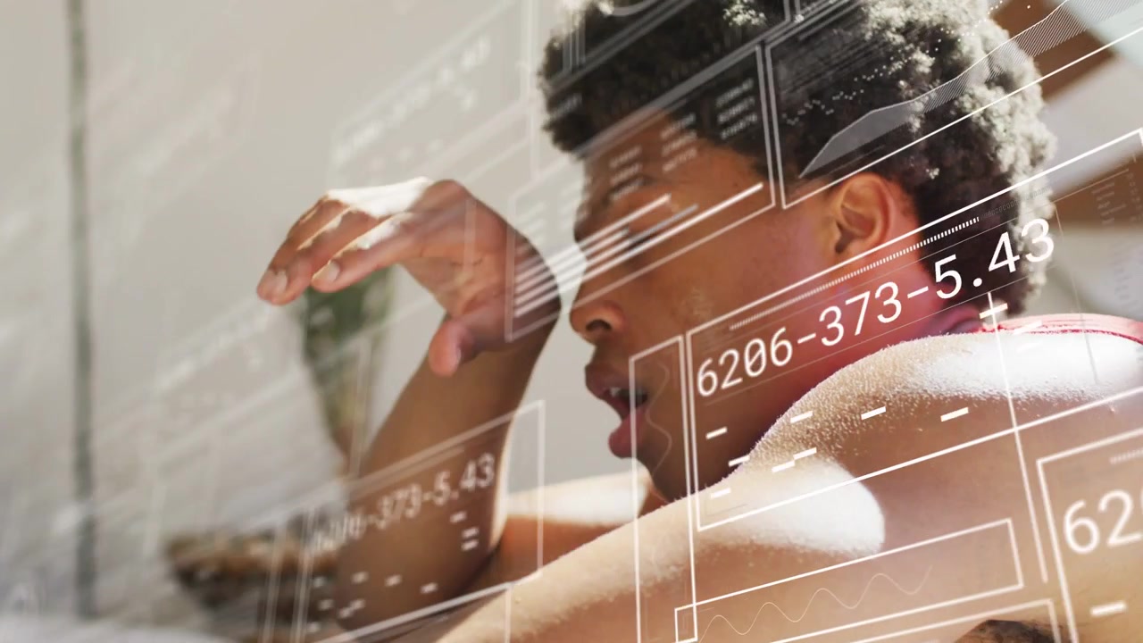 Man sitting bed, overlays appearing prompt raising head, rubbing eyes, reaching toward tech widgets