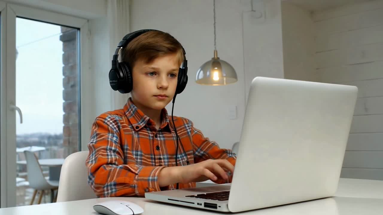 Boy with Black Headphones Working on Laptop
