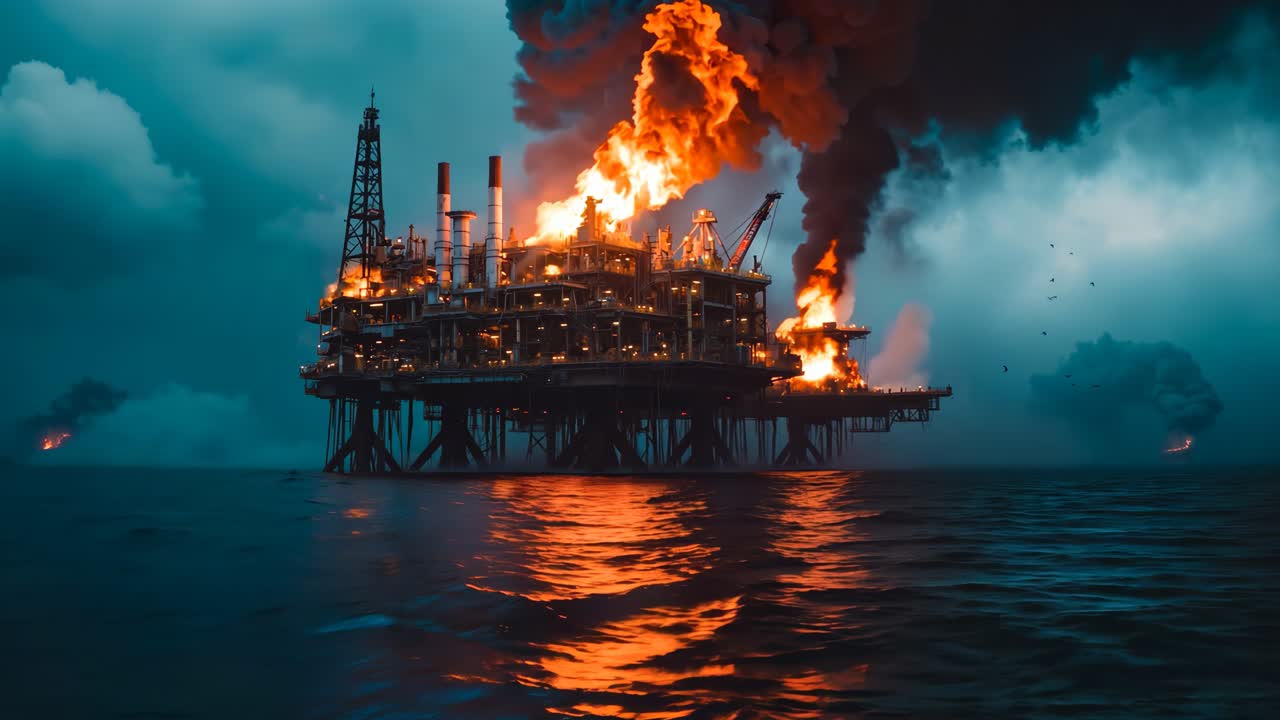 En boreplatform midt ude på havet med en stor røgfane, der kommer ud af den