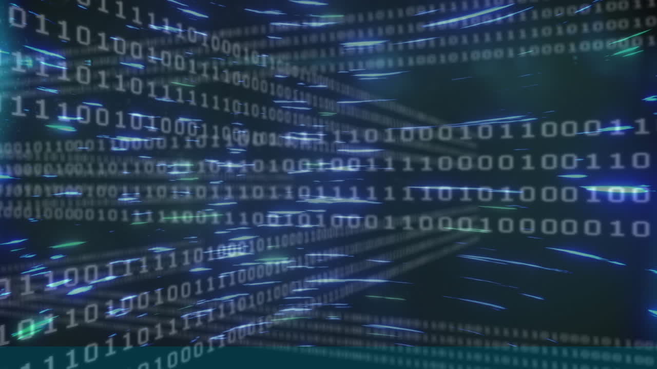 animação de códigos binários em loop e padrão de feixe circular sobre fundo preto