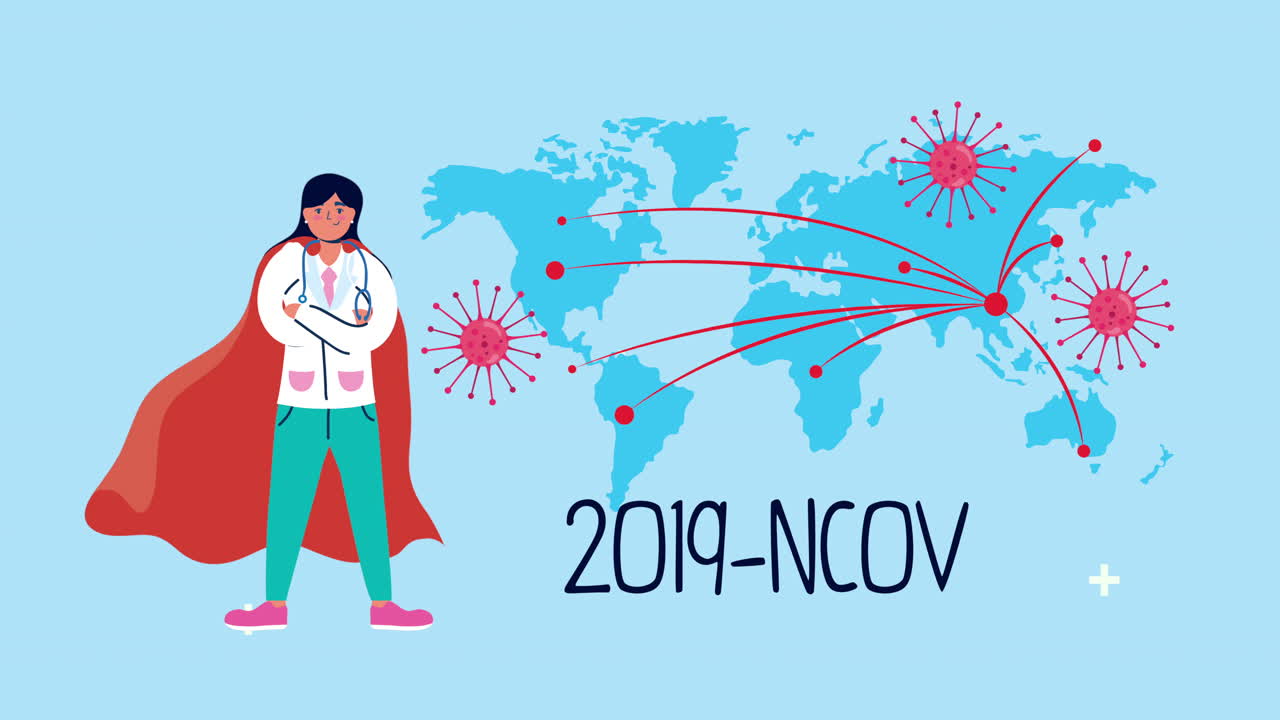 영웅의 망토를 입은 슈퍼 여성 의사와 지구 행성의 covid-19 입자