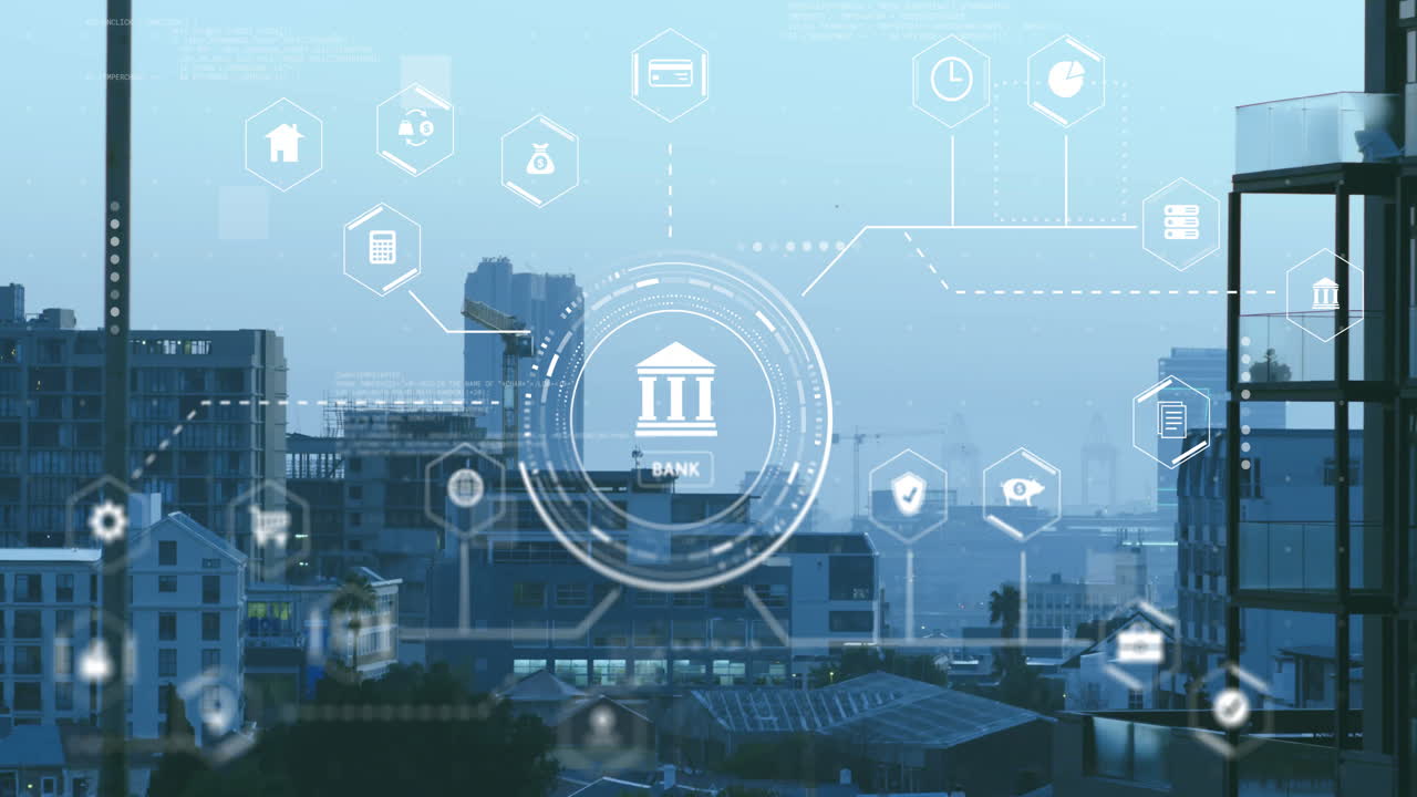 Animation of digital icons and data processing over cityscape