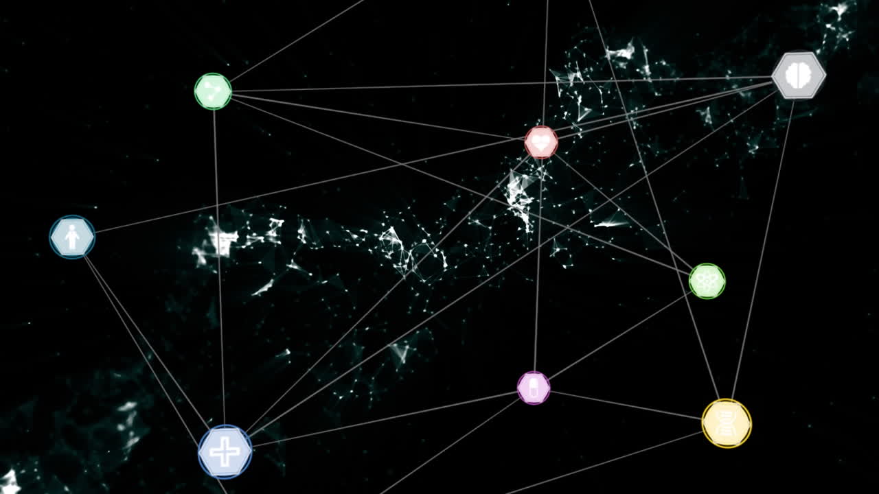 검은 바탕에 녹색 디지털 파도에 대해 회전하는 연결 네트워크