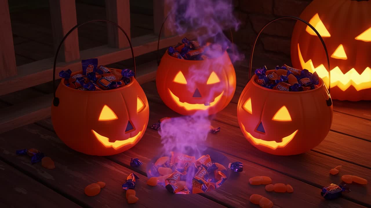 A Spooky Halloween Scene Featuring Jack-o'-Lanterns, Colorful Candy, and Mystical Smoke Spiraling Around a Festive Setting, Perfect for Celebrating the Autumn Festivities