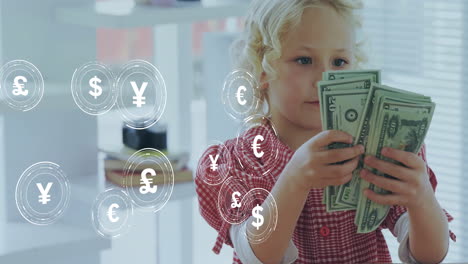 animation of currency icons data processing over caucasian girl playing with banknotes