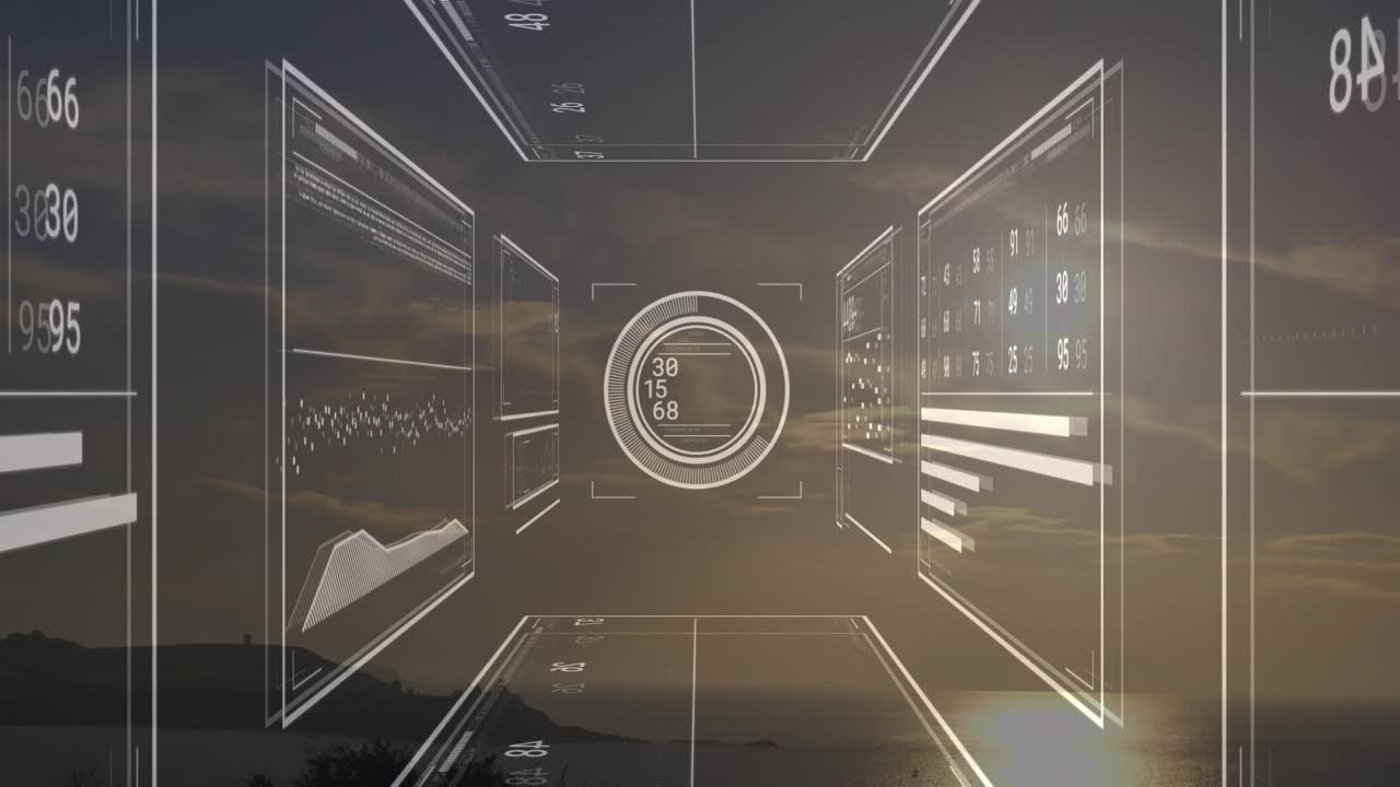 Wireframe panels floating over coastal sunset initiating chart updates for visualizing data trends