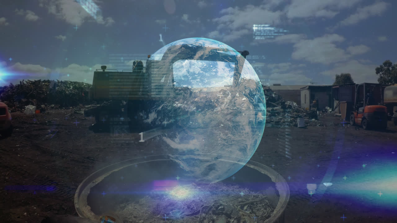 animación del procesamiento de datos y globo sobre el vertedero de basura