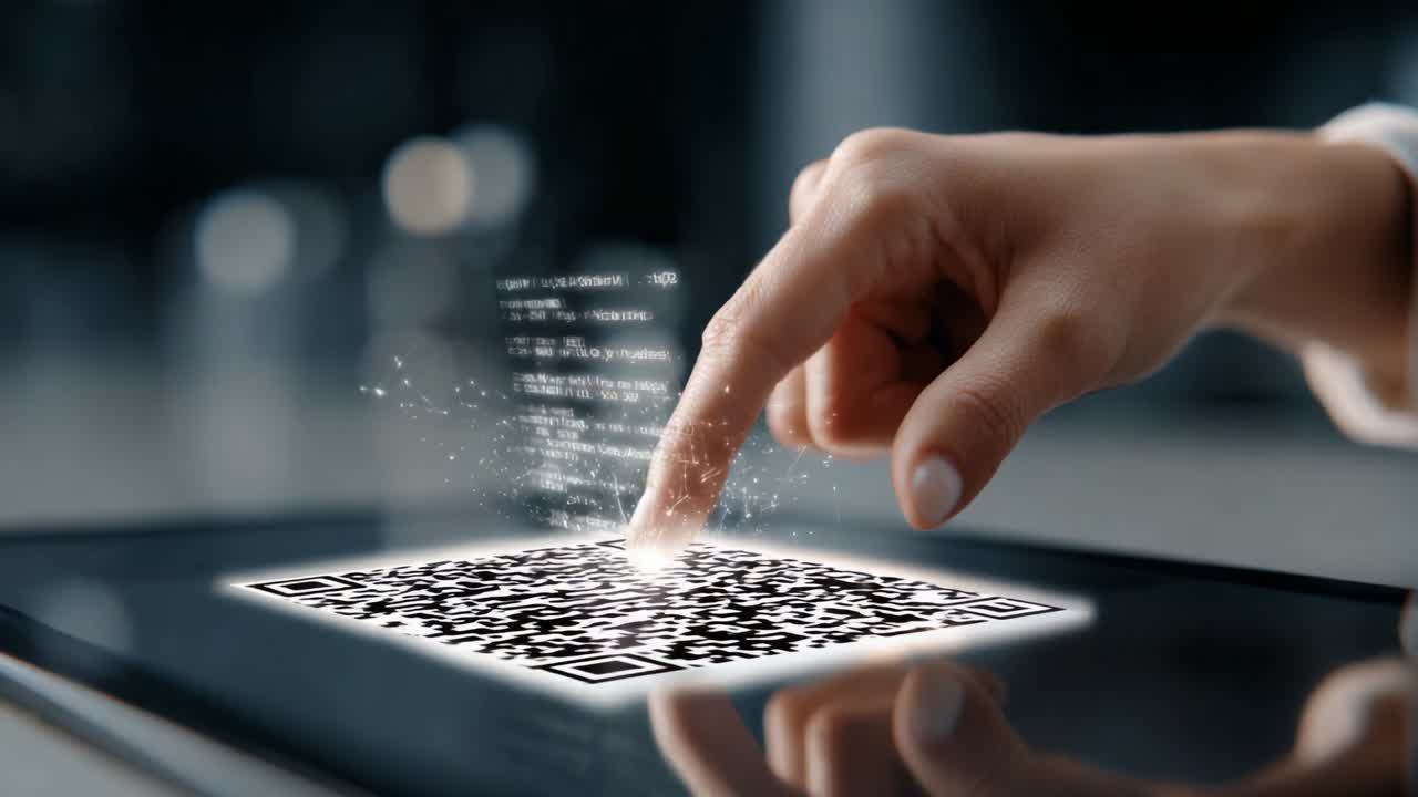 Exploring Digital Interaction: A Close-Up on a Hand Engaging with a QR Code Displayed on a Tablet Screen, Demonstrating the Future of Technology and User Experience in a Modern Digital Era