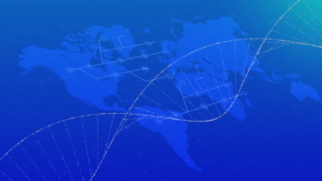animación de cadenas de adn girando y conexiones sobre el mapa del mundo