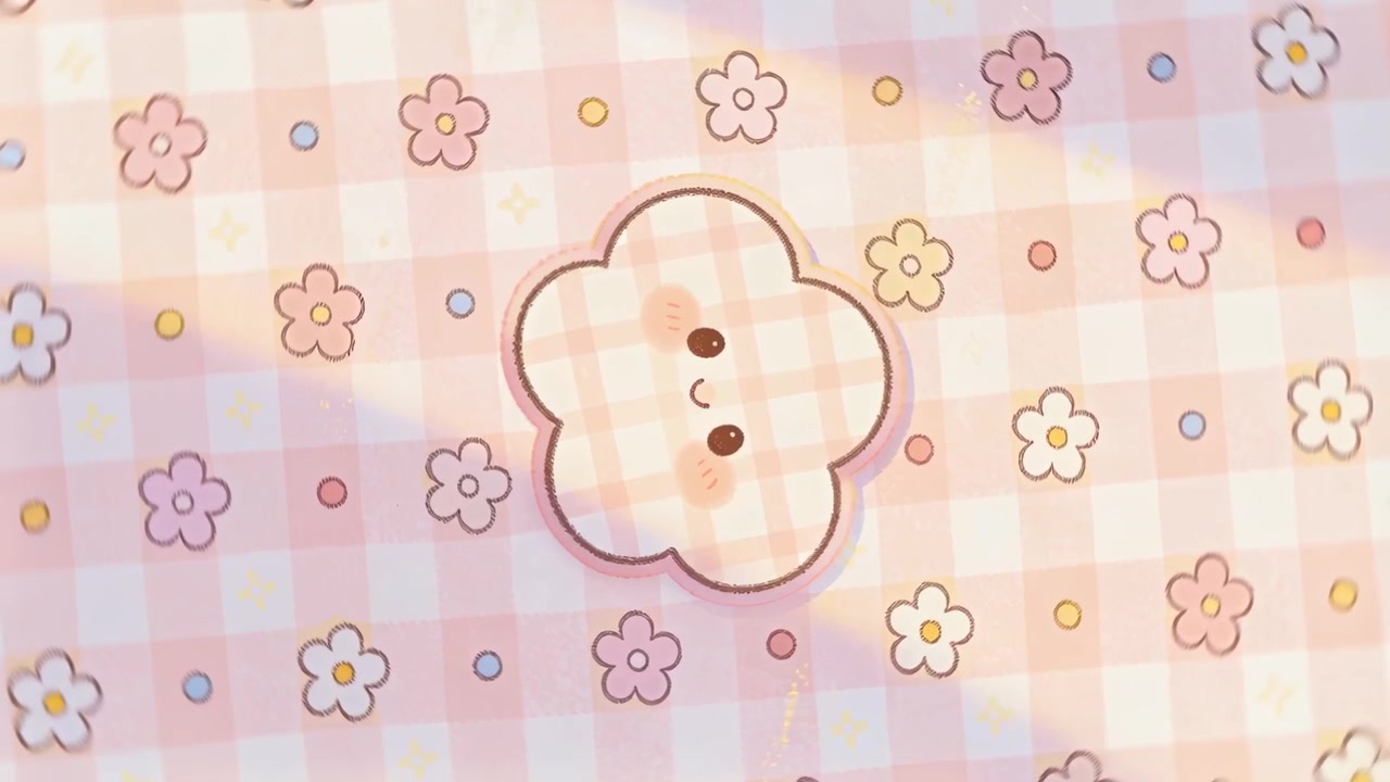 Animazione in loop, motivo di nuvola kawaii che ruota e si inclina su un tessuto a quadretti rosa, creando riflessi caldi