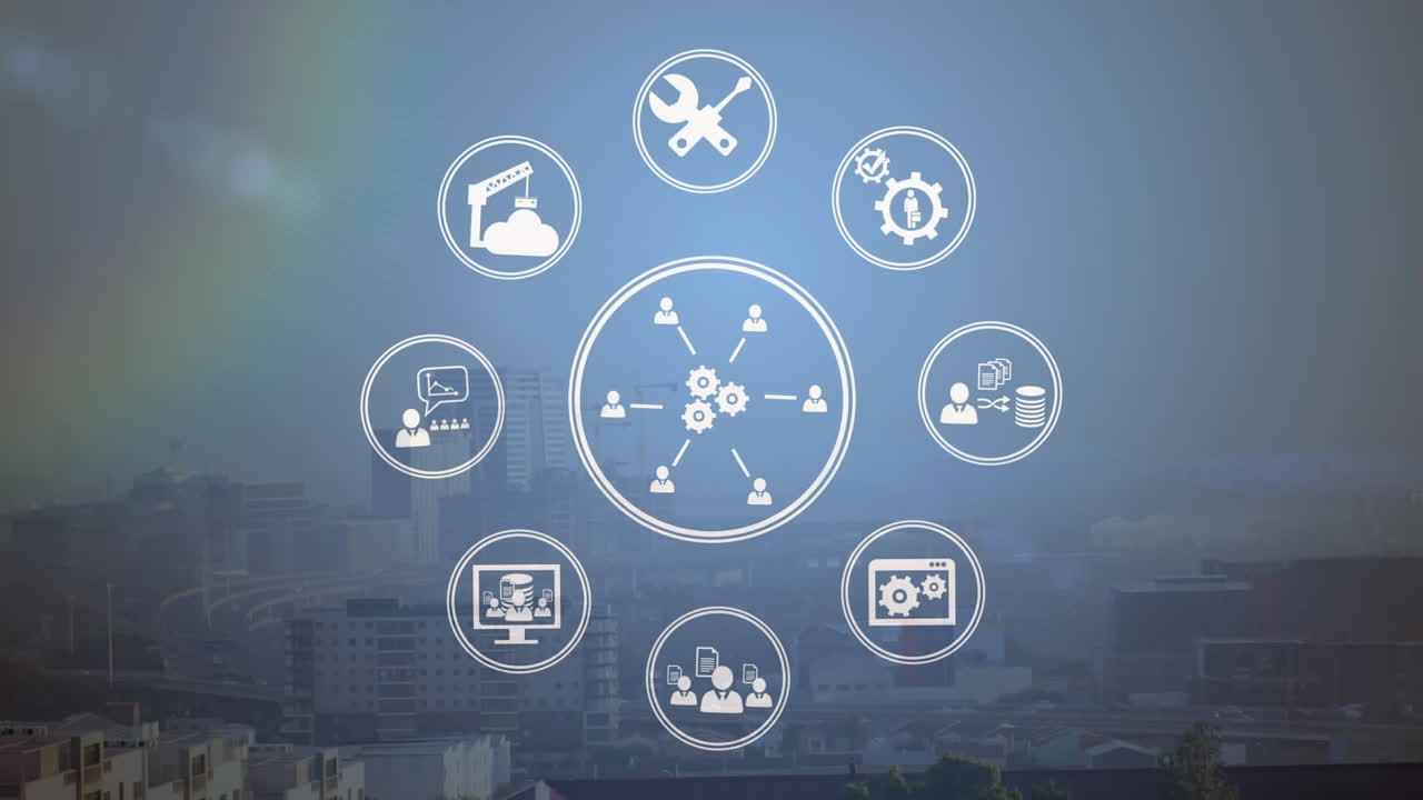 animación de múltiples iconos digitales que giran contra la vista aérea del paisaje urbano