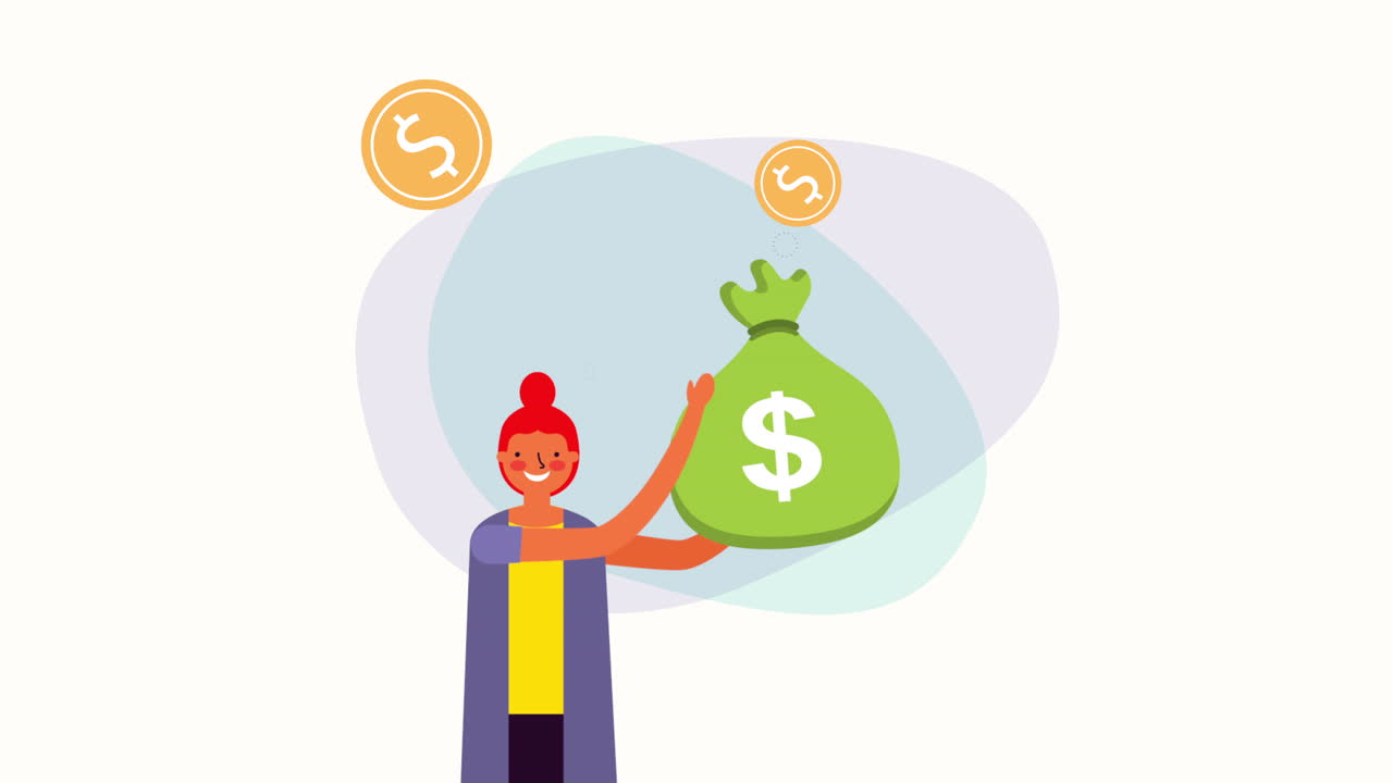 joven mujer de negocios con bolsa de monedas dinero