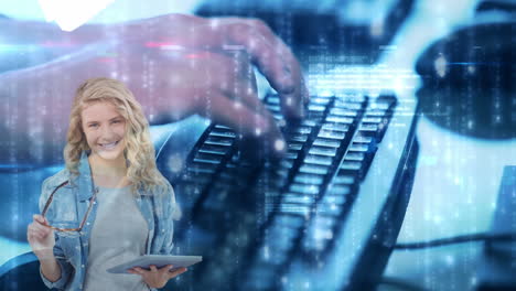 animation of caucasian woman holding tablet over person typing on computer keyboard