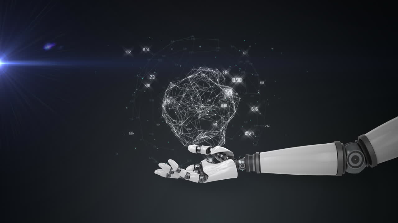 블랙 배경에 파란색 빛으로 로 ⁇  팔의 손 위에 데이터 처리 네트워크의 애니메이션