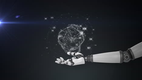 animación de la red de procesamiento de datos sobre la mano del brazo del robot, con luz azul sobre fondo negro