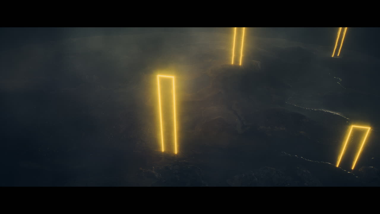 Rocky landscape with huge yellow light portal structures