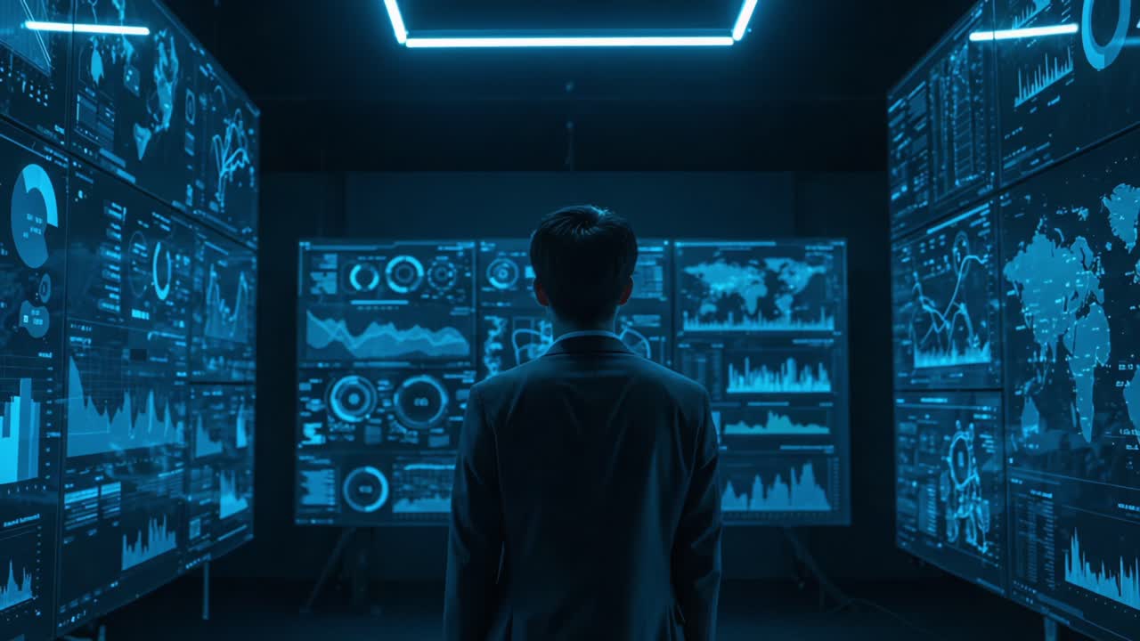 Exploring Data Insights: A Person Analyzing Multiple Digital Graphs and Metrics in a High-Tech Environment Illuminated by Blue Lighting
