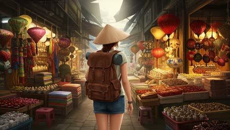 exploring a vibrant market: a young traveler strolling through a colorful marketplace filled with unique goods and artisan crafts
