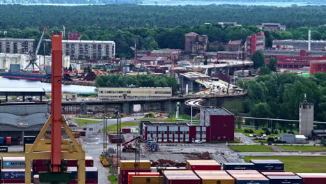 port terminal with shipping containers in riga, latvia. aerial shot
