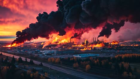 a large plume of black smoke billows out of a factory at sunset