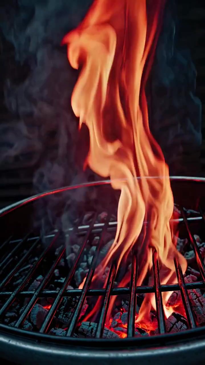 Fiamme arancione vivo che si alzano da una griglia a carbone