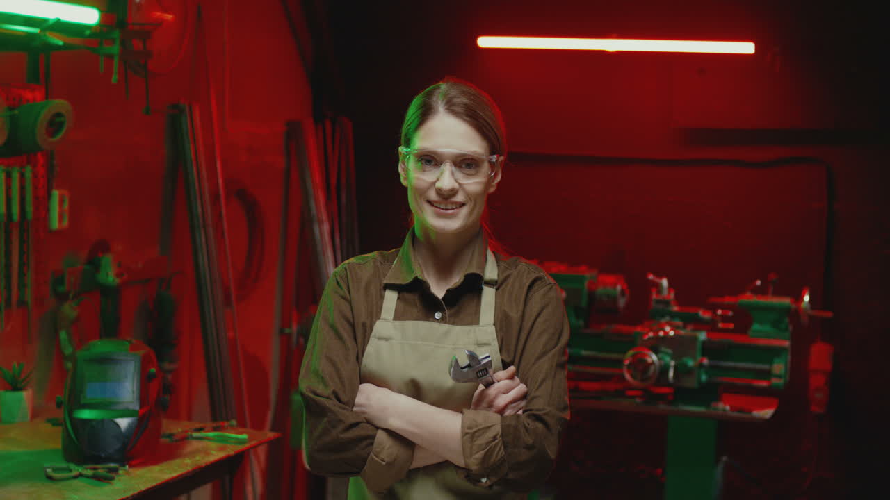 Portrait of young woman in apron smiling at camera with arms crossed in metal workshop