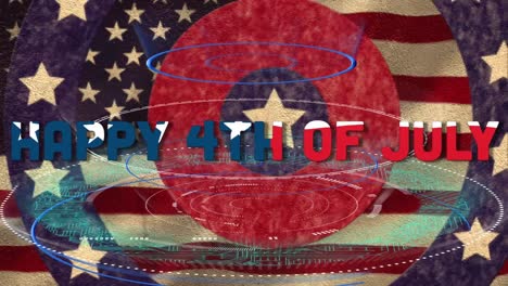 4th of july text and round scanners over stars on spinning circles against waving american flag