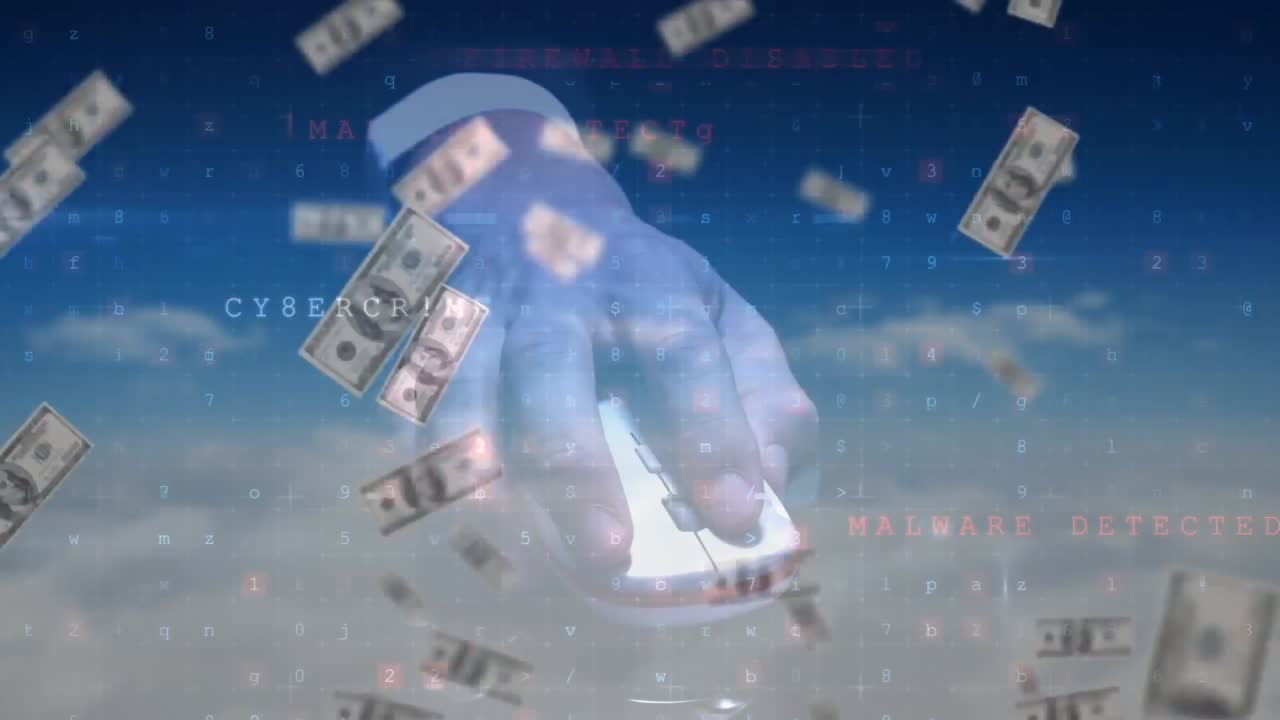 변하는 숫자 와 떨어지는 달러 지폐 위 에 마우스 를 들고 있는 손 의 애니메이션