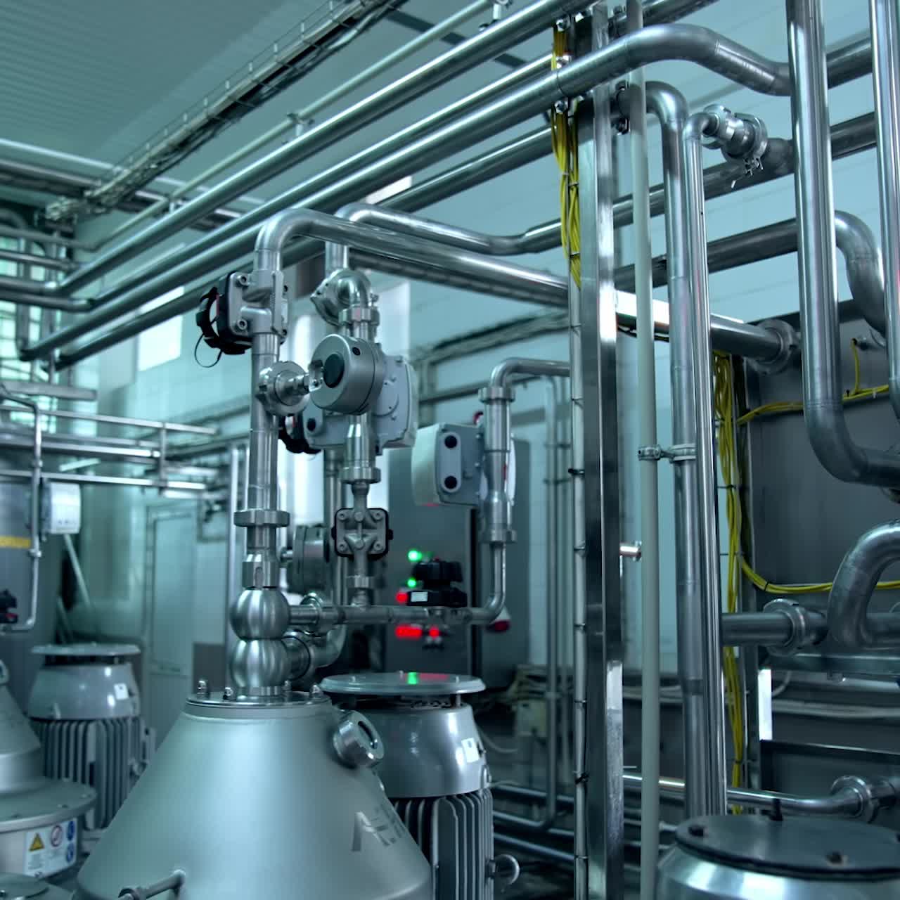 Big cisterns for storing and fermenting milk at diary factory. Stainless steel pipes crossing and connecting reservoirs with each other. Close up