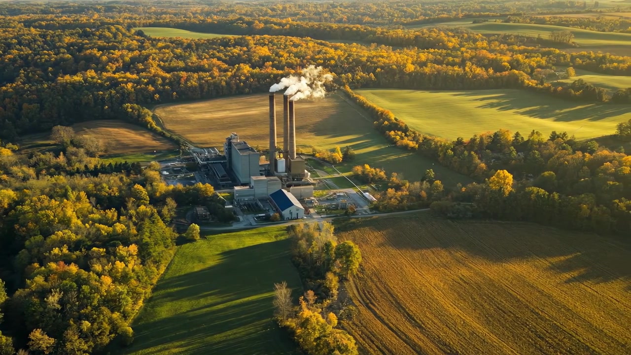 Aerial View of Power Plant with Smoking Smokestacks in Autumn Landscape