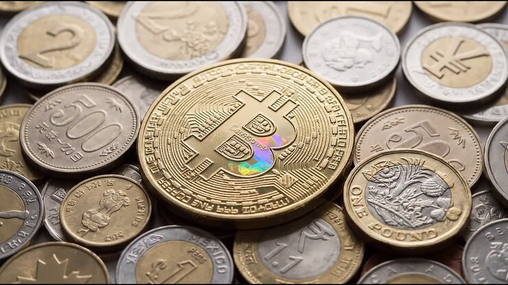 Moneta di criptovaluta Bitcoin adagiata su monete di valute internazionali che simboleggiano l'economia finanziaria digitale
