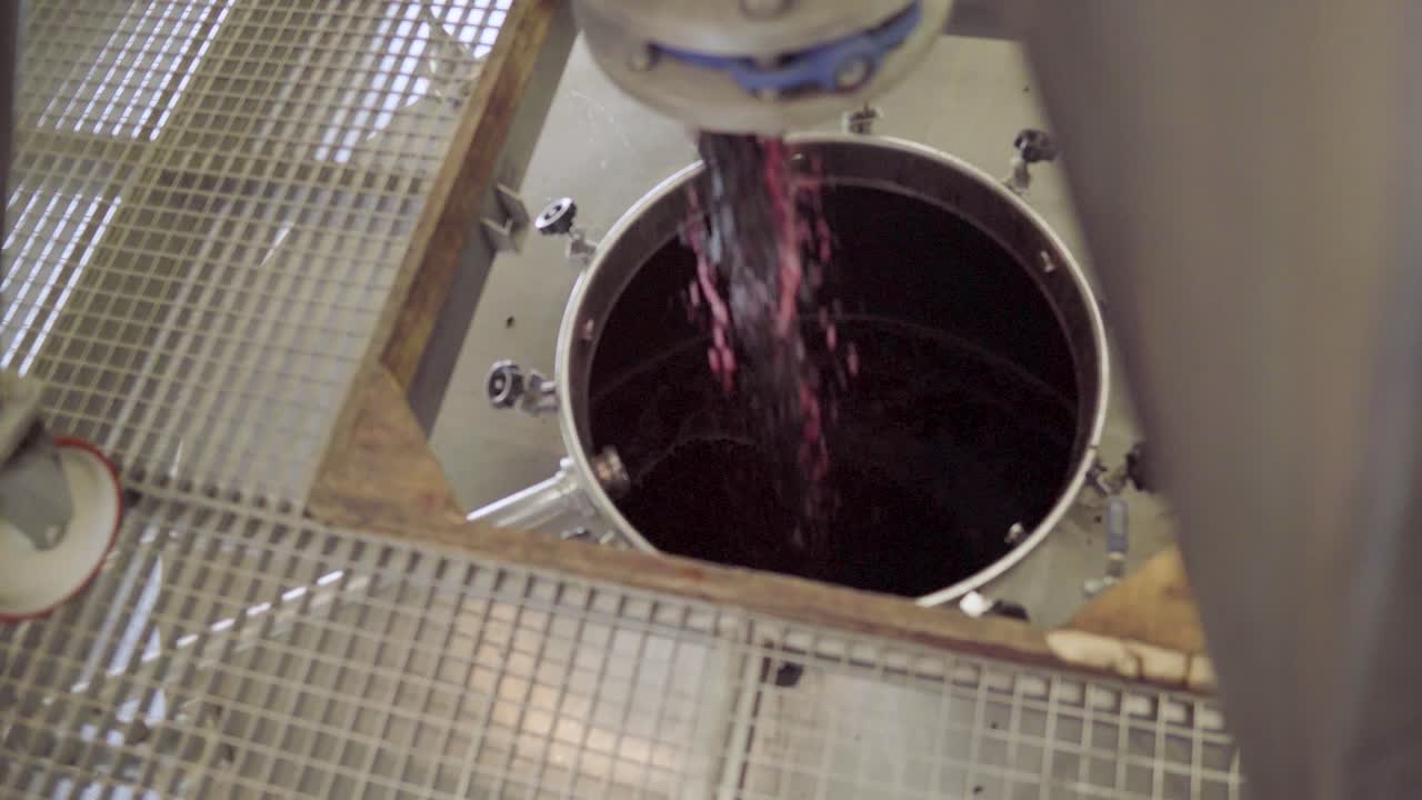 Crushed grapes falling into a stainless steel wine tank, fermentation process