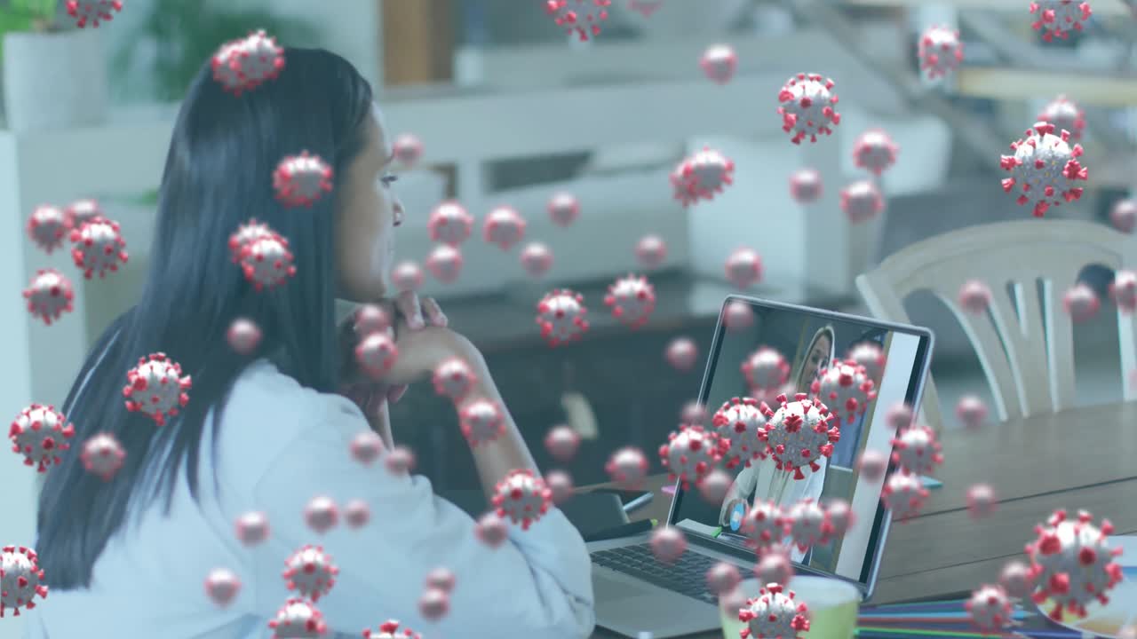 코로나 19 세포의 애니메이션 노트북 비디오 통화에 있는 사업가 여성