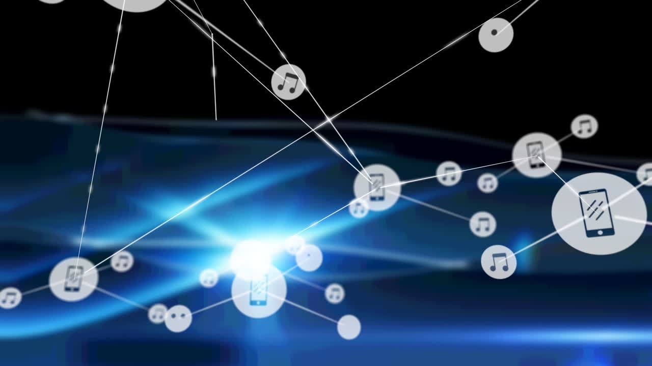 검은색 배경의 파란색 모양 위에 아이콘으로 연결 네트워크의 애니메이션