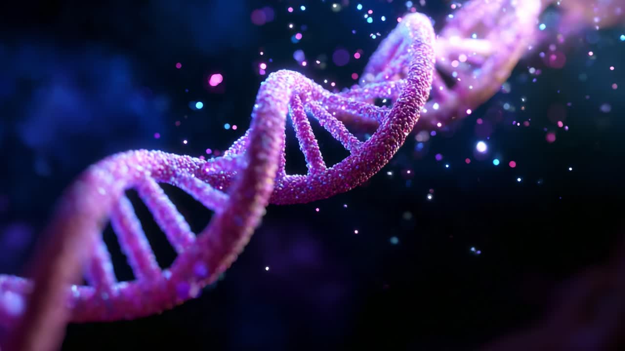 A Stunning Close-Up Examination of DNA Structure, Highlighting Its Intricate Spiral Formation and Sparkling Particles in a Vividly Luminous Background, Showcasing the Complex Beauty of Genetic Material