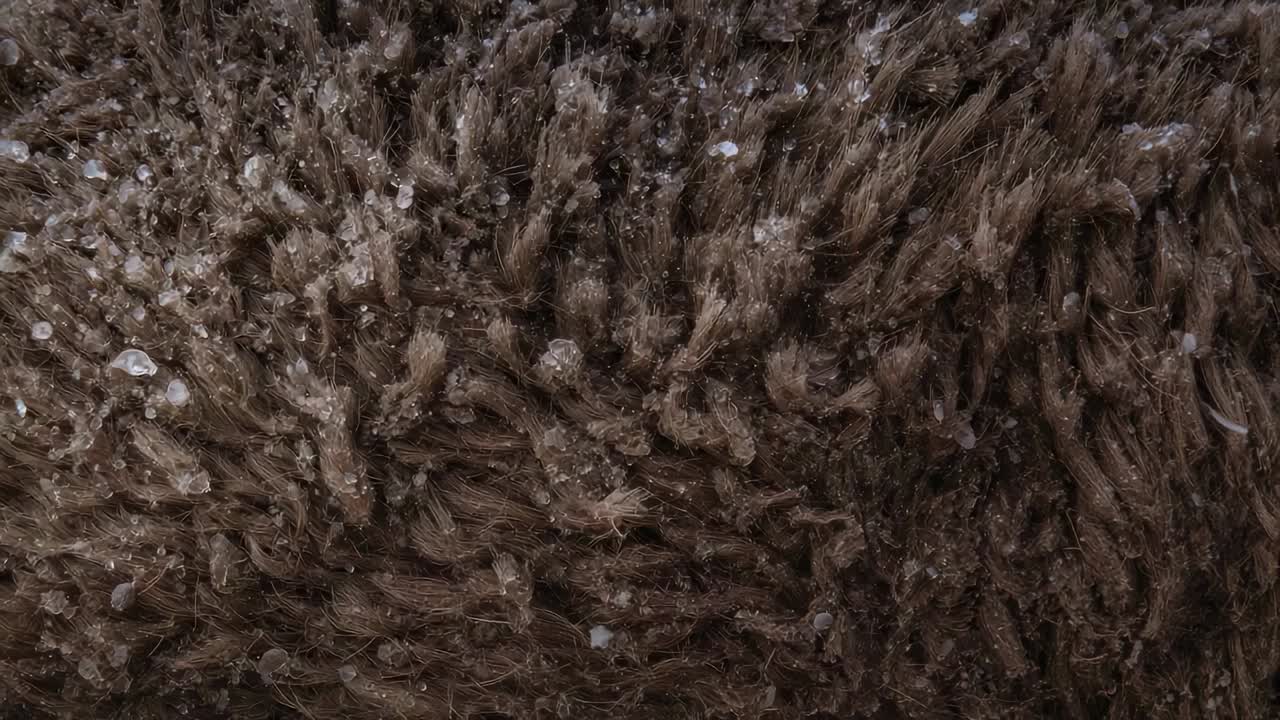 Visning af brun, ru fiberoverflade med hvide granuler, der lægger sig dybere, efterhånden som frames bevæger sig frem, makro.