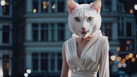 woman with a cat head in a beige dress