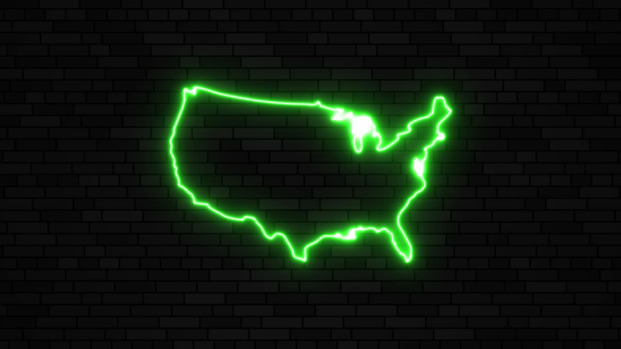 미국 지도 실루은 어두운 벽돌 벽 바탕에 네온 선을 가지고 있습니다.