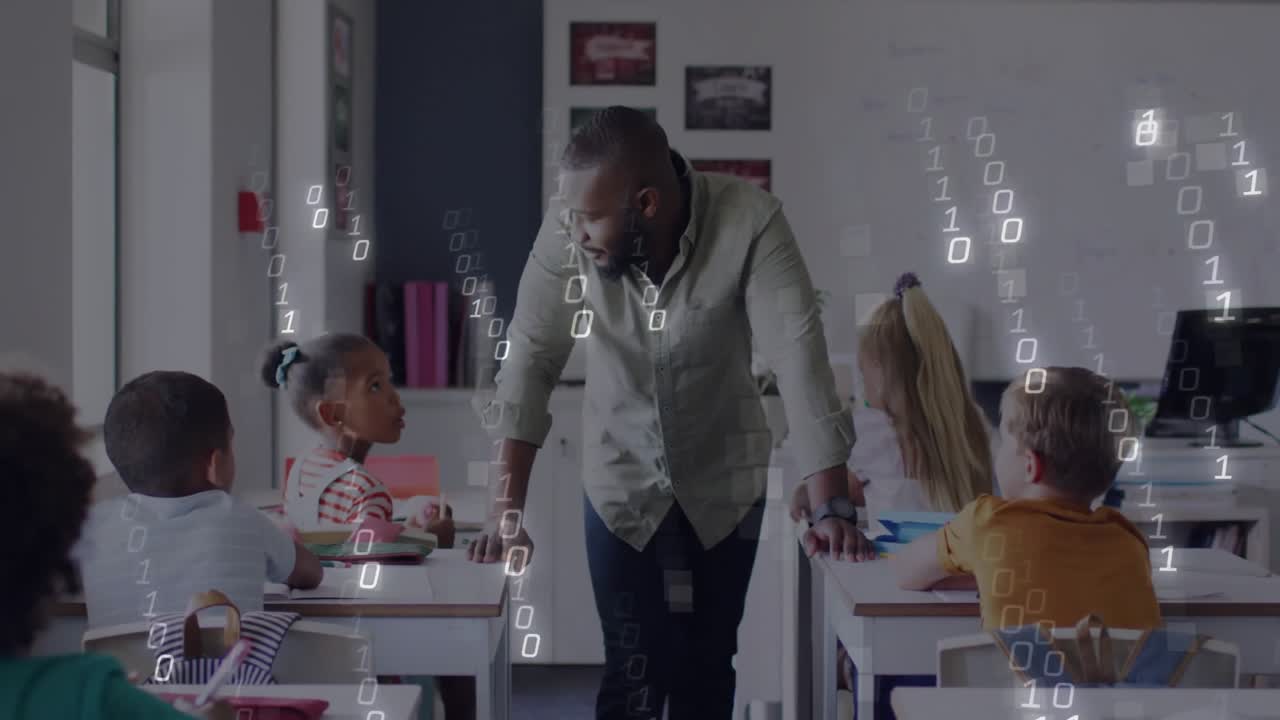 Teacher leaning over desks and speaking initiating binary rain overlay in classroom coding session
