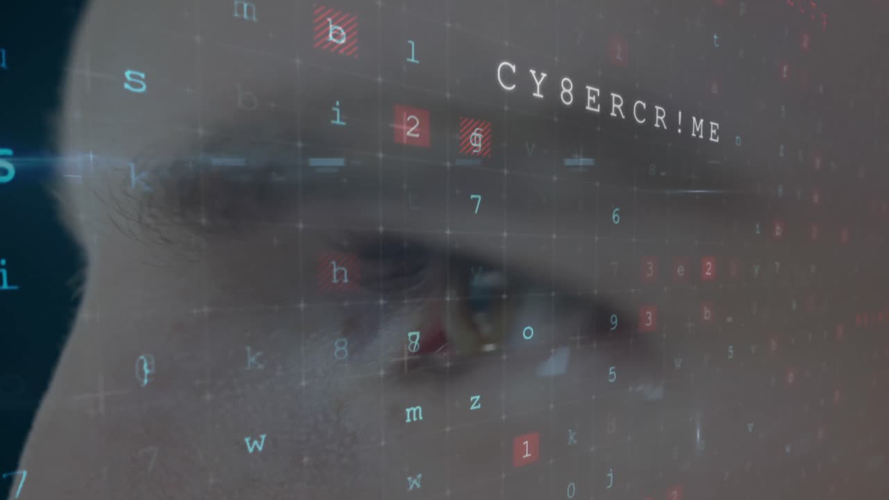 animación de vista de cerca de la frente del hombre caucásico con datos y números flotantes